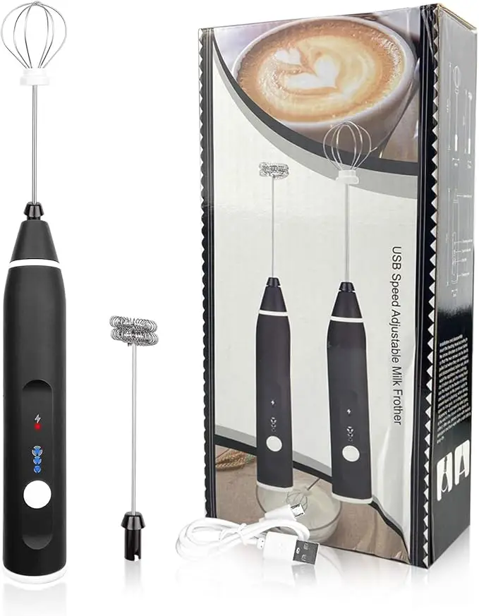 2-in-1 Multifunctional Milk Frother Electric Double Milk Bubbler Frother Coffee Beater Egg Mixer with Three Speeds Strength Adjustment for Coffee Beating Eggs (with USB)
